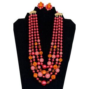 VTG JAPAN Necklace Earrings Set 4-Strand Pink Orange Sugar Bead Clip-On